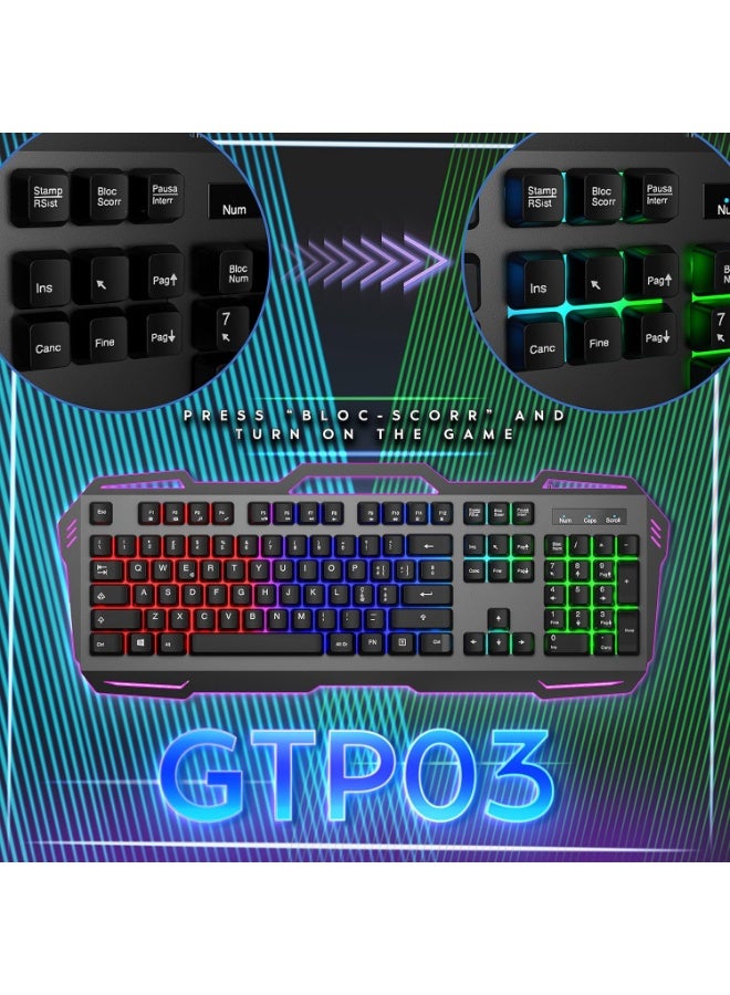 لوحة مفاتيح ألعاب سلكية غشائية - مزودة بإضاءة خلفية RGB LED، وقاعدة معدنية، ومقاومة للرذاذ بمعيار IPX4، وحامل للهاتف، و12 مفتاحًا هادئًا لوظائف الوسائط المتعددة - للكمبيوتر الشخصي، والكمبيوتر المكتبي، واللاعبين (الإنجليزية والعربية) - Image 4